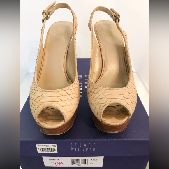 Stuart Weitzman Platform Heels Nude Sandal Embossed Snakeskin Peep Toe SZ 8.5 - Picture 1 of 5